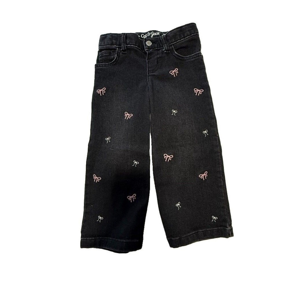 Cat & Jack Girls Black Wide Leg Jeans Pink Bow Embroidered Super Stretch